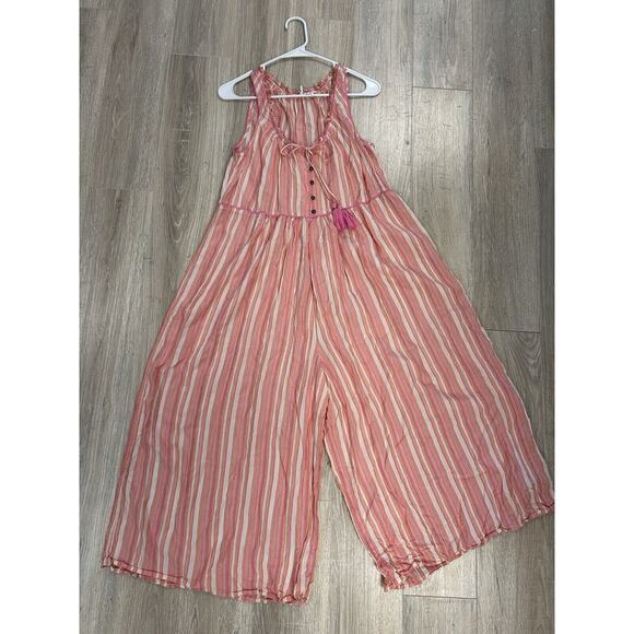 Anthropologie Size M Visayas Ruffle Neck Pink Stripe Crop Wide Leg Jumpsuit - Picture 1 of 6